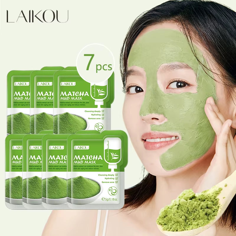 7Pcs Matcha Green Clay Mud Face Mask Reduce Wrinkle Night Facial Packs Dark Circle Moisturize Mask for Facecare